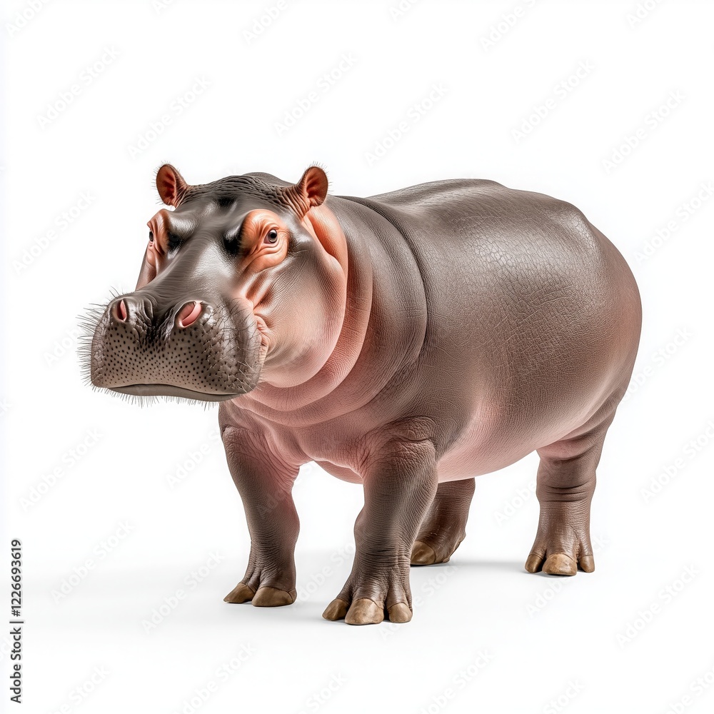 Sturdy hippopotamus standing confidently against a plain white background with thick gray skin and a distinct facial expression Sturdy hippopotamus standing confidently against a plain white background with thick gray skin and a distinct facial expression
