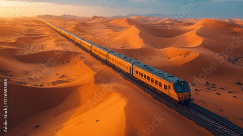 A train traveling through a desert landscape with sand dunes stretching into the distance photo