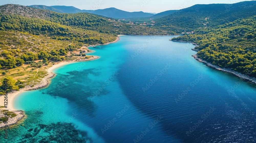 Fototapeta premium Coastline view showing crystal clear seawater and lush greenery along a serene bay in a coastal region