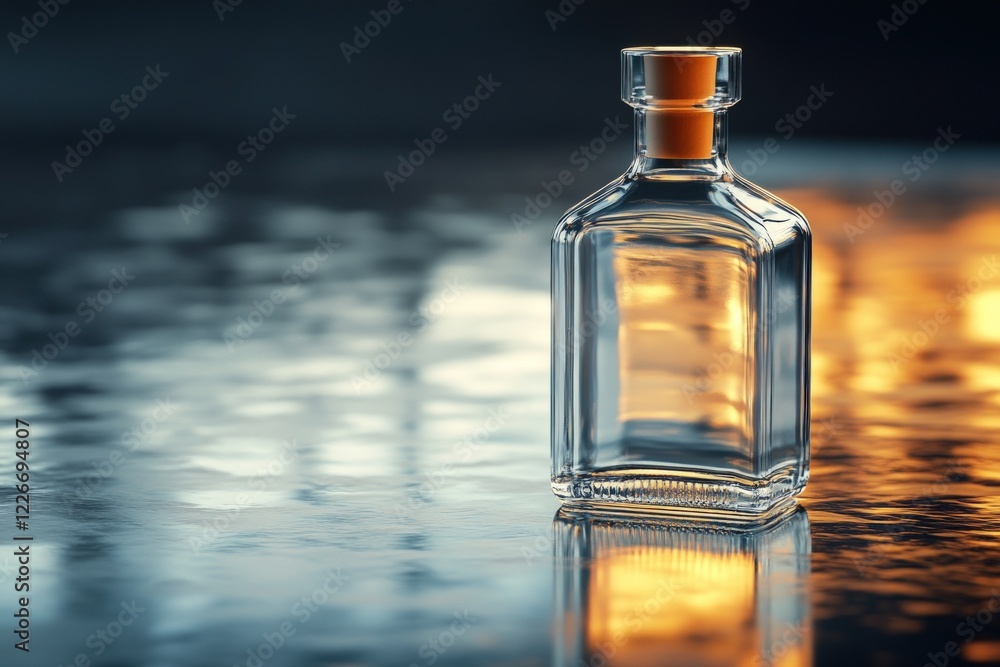 Elegant glass bottle with orange cap reflecting warm light on a metallic surface Elegant glass bottle with orange cap reflecting warm light on a metallic surface