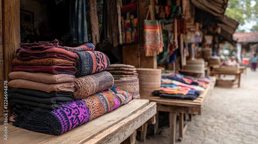 Fototapeta premium community market with cultural goods concept. Colorful textiles displayed in a vibrant market setting.