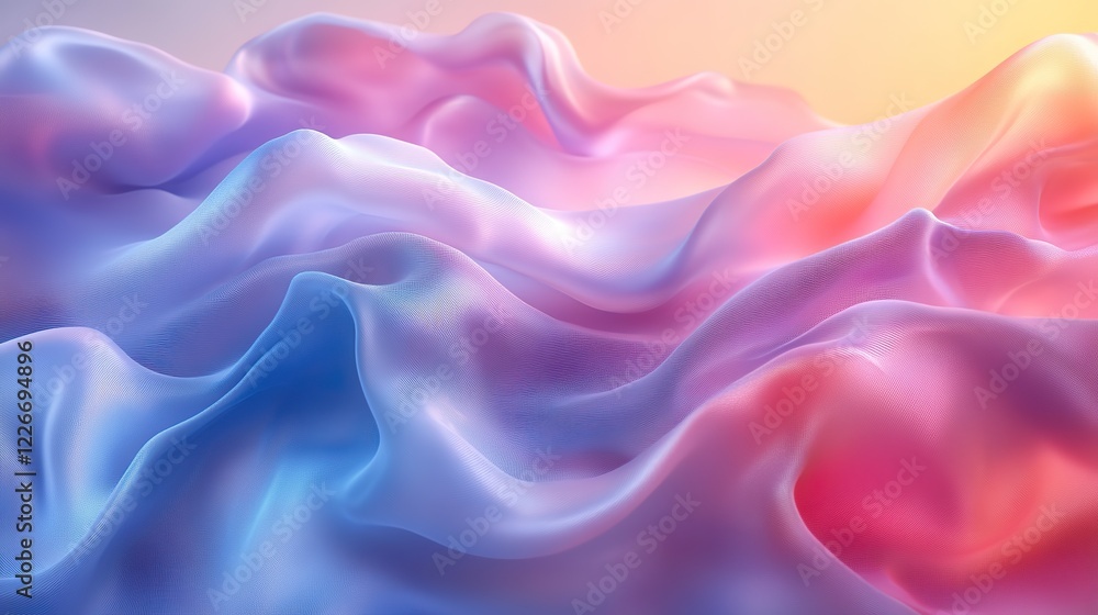 Abstract banner background with metallic iridescent fabric featuring flowing waves in soft pastel shades of pink, blue, and purple. Abstract banner background with metallic iridescent fabric featuring flowing waves in soft pastel shades of pink, blue, and purple.