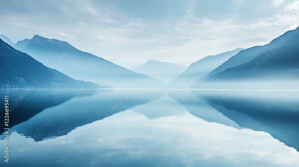 Serene Tranquil Lake Reflections with Mountains in Misty Atmosphere Serene Tranquil Lake Reflections with Mountains in Misty Atmosphere