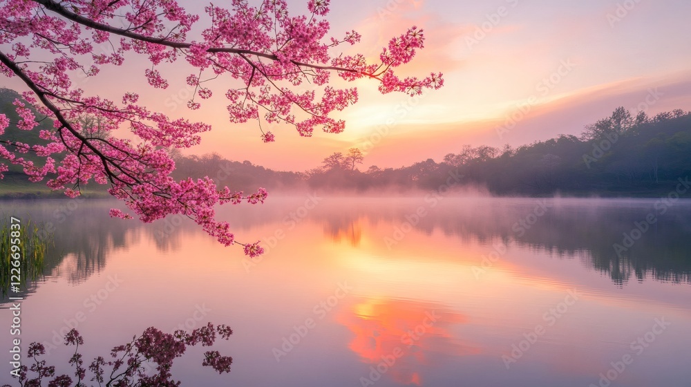 Serene Sunrise over Calm Lake with Blooming Cherry Blossom Tree Serene Sunrise over Calm Lake with Blooming Cherry Blossom Tree