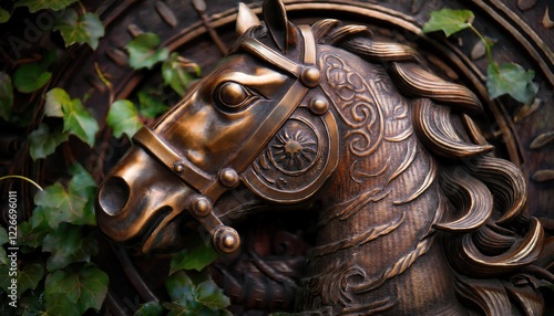 A bronze relief sculpture of a horse's head with intricate carvings and ivy leaves in the background. photo