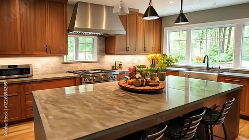 Wallpaper Mural Modern kitchen interior featuring a central island with fresh produce and a serene forest view Torontodigital.ca