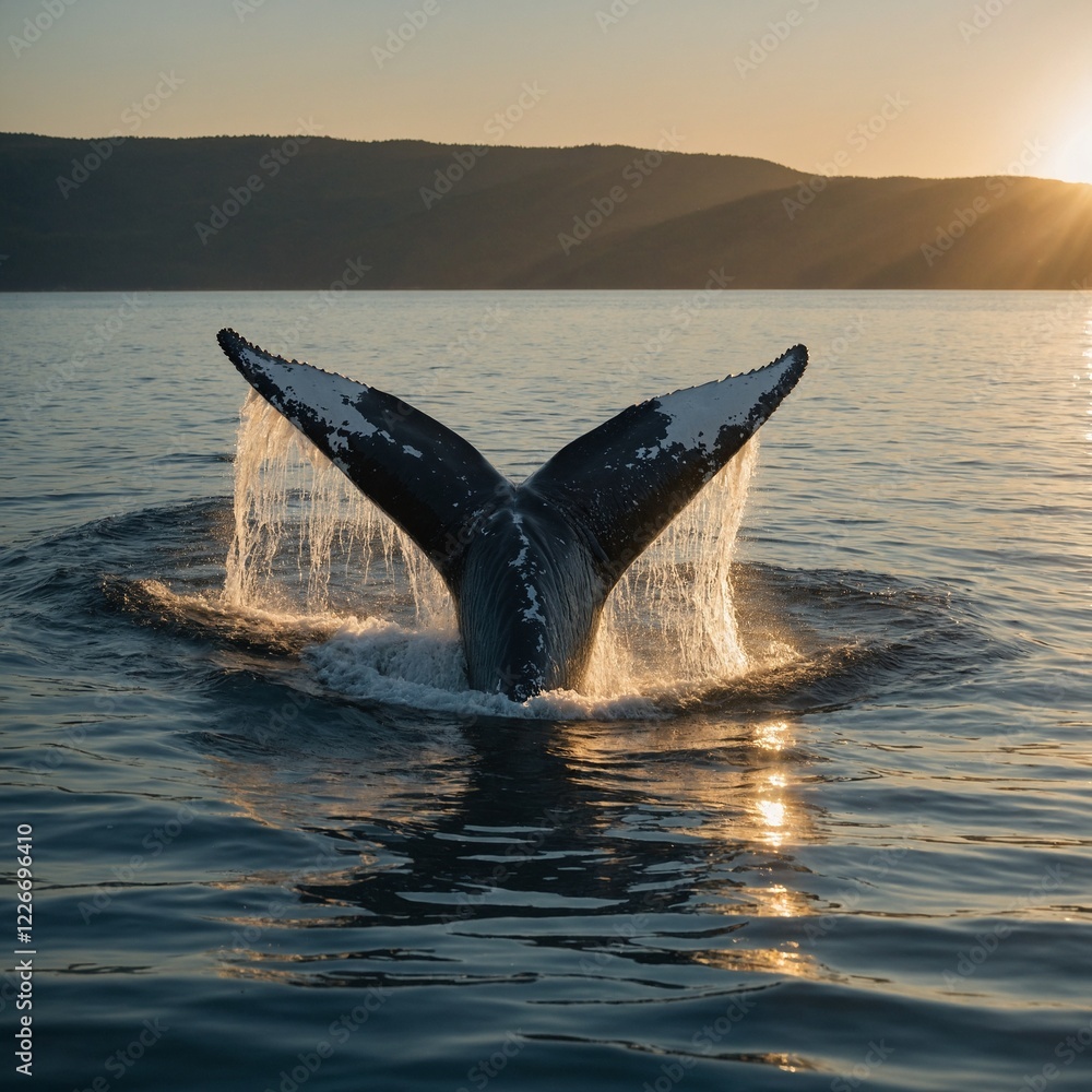Fototapeta premium A whale gliding through a summer sea, golden light reflecting off its body.