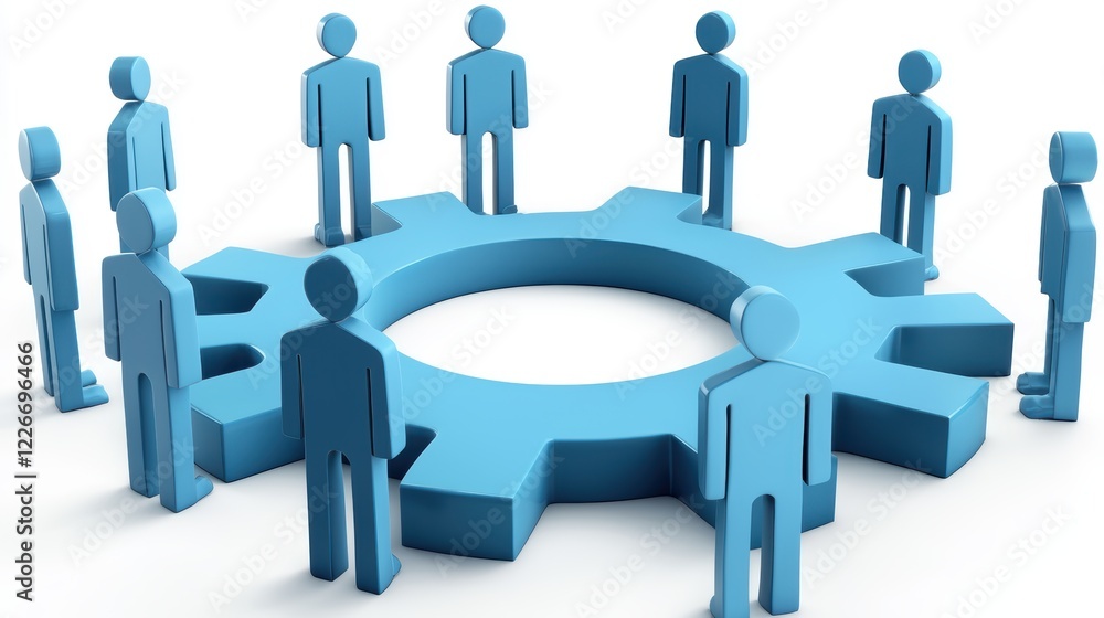 Teamwork drives success, people united around a gear symbolizing collaborative effort and innovation in achieving shared goals Teamwork drives success, people united around a gear symbolizing collaborative effort and innovation in achieving shared goals