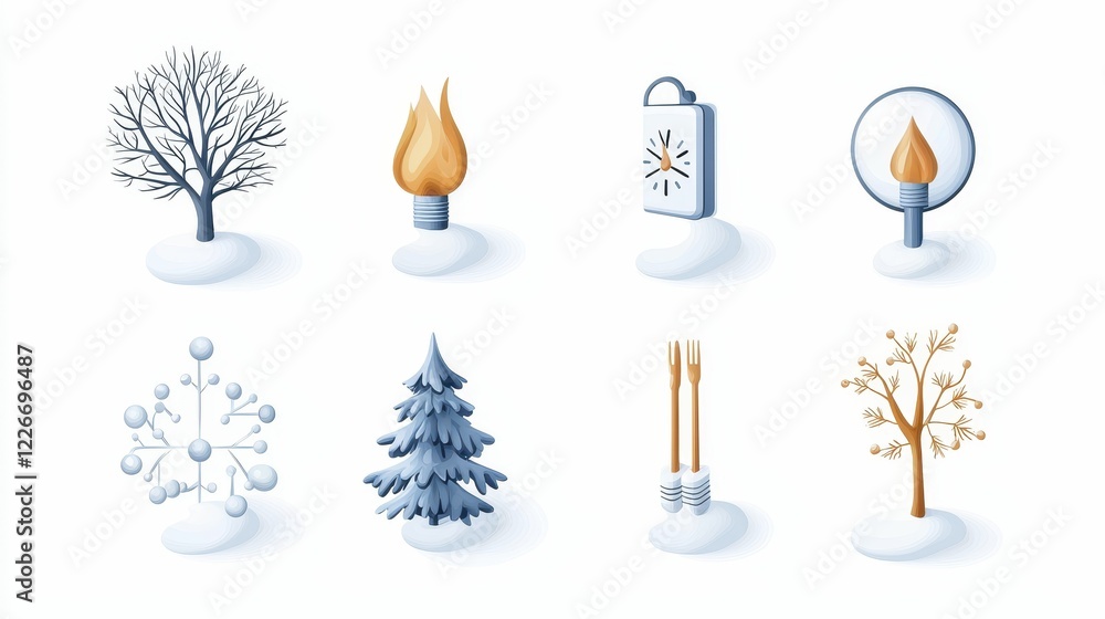 A collection of winter-themed icons, including trees, fire, and candles, each set against a snowy backdrop, evoking a cozy atmosphere. A collection of winter-themed icons, including trees, fire, and candles, each set against a snowy backdrop, evoking a cozy atmosphere.