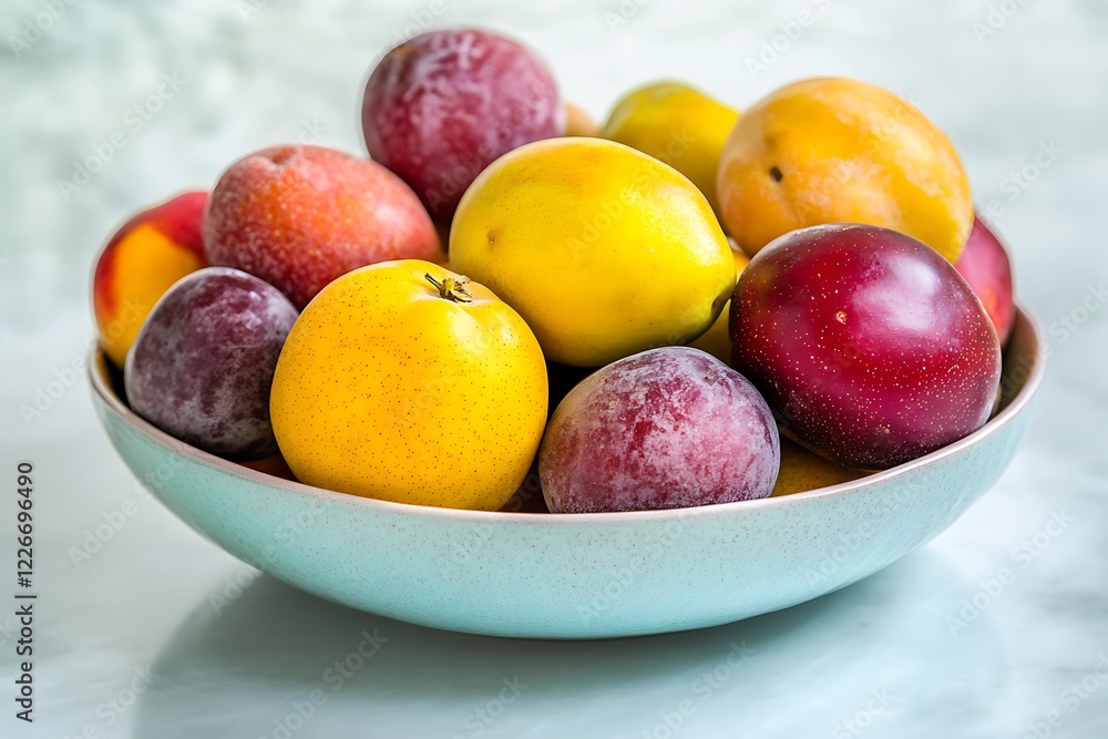 A captivating arrangement of assorted stone fruits set in a cool pastel-colored bowl, beautifully highlighting their unique textures and colors.