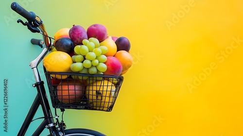 Fototapeta Naklejka Na Ścianę i Meble -  A bicycle with a basket full of various fruits isolated on a colorful background
