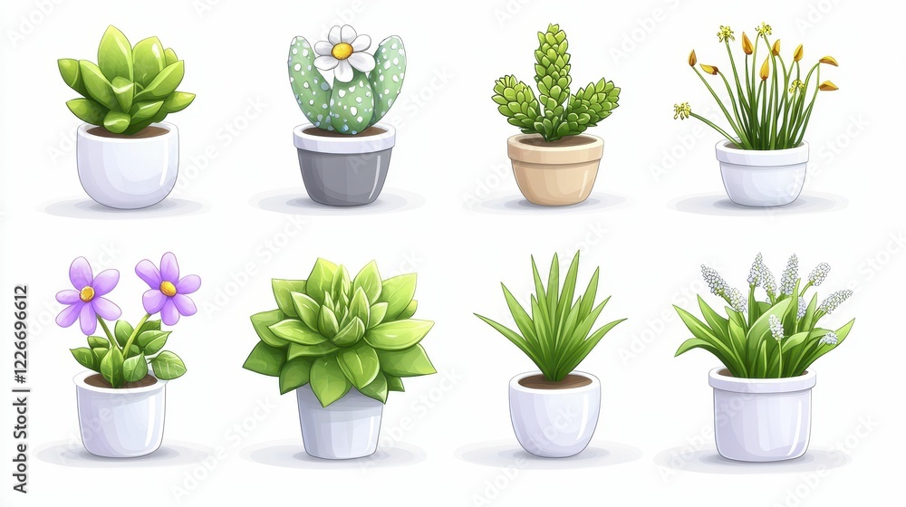 Fototapeta premium A collection of potted succulents and cacti in white pots, showcasing a variety of green plants and colorful flowers.