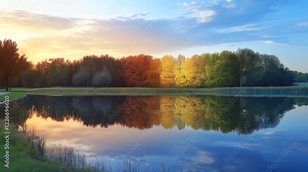 Serene Autumn Sunset Reflected in a Calm Lake Serene Autumn Sunset Reflected in a Calm Lake