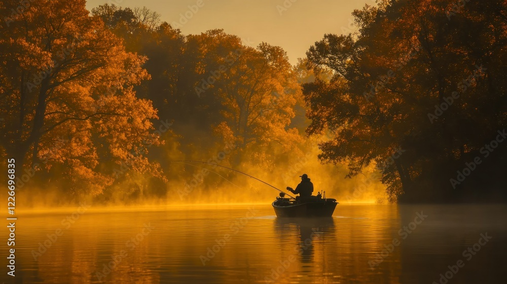 Autumn sunrise fishing, misty river, fall foliage Autumn sunrise fishing, misty river, fall foliage