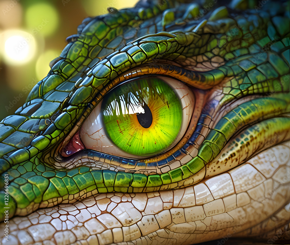 Fototapeta premium Glowing Green Eyes of the Alligator a Stunning Glimpse into the Hypnotic Beauty of This Ancient Reptilian Hunter with blur background ai. 