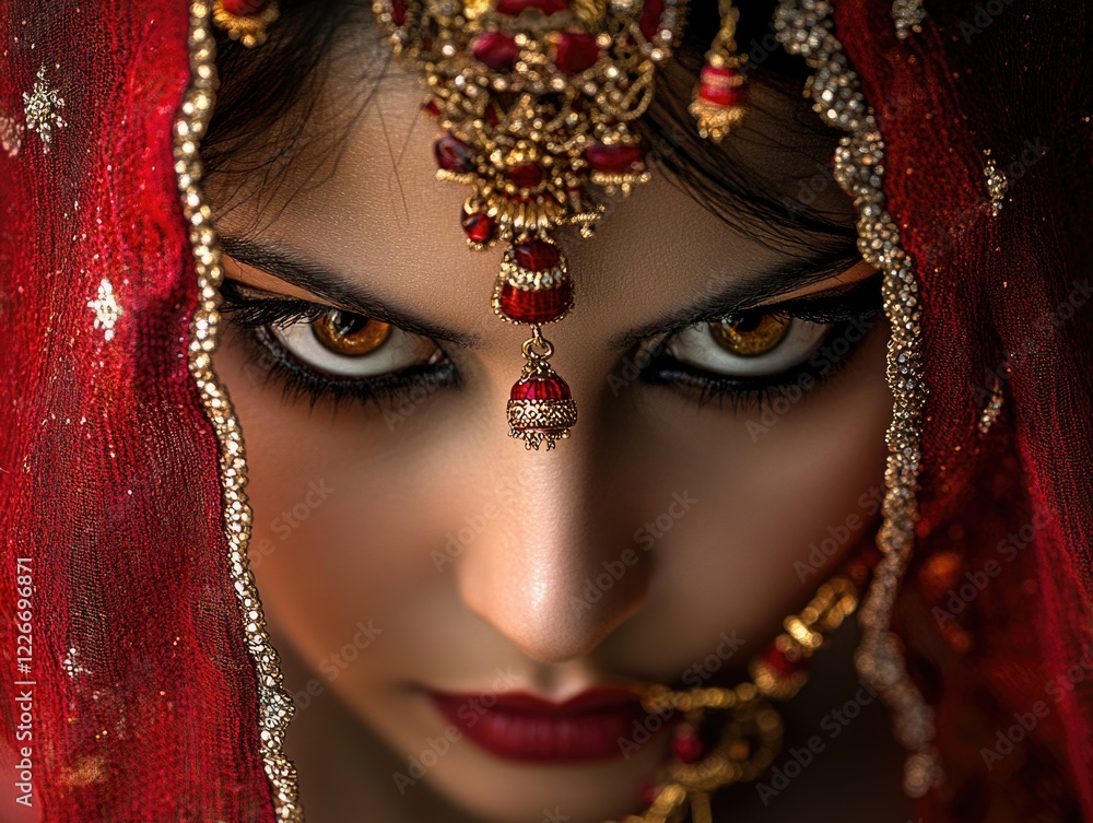 A woman wearing a red and gold headpiece with a gold hoop. She has a red nose and red lips A woman wearing a red and gold headpiece with a gold hoop. She has a red nose and red lips