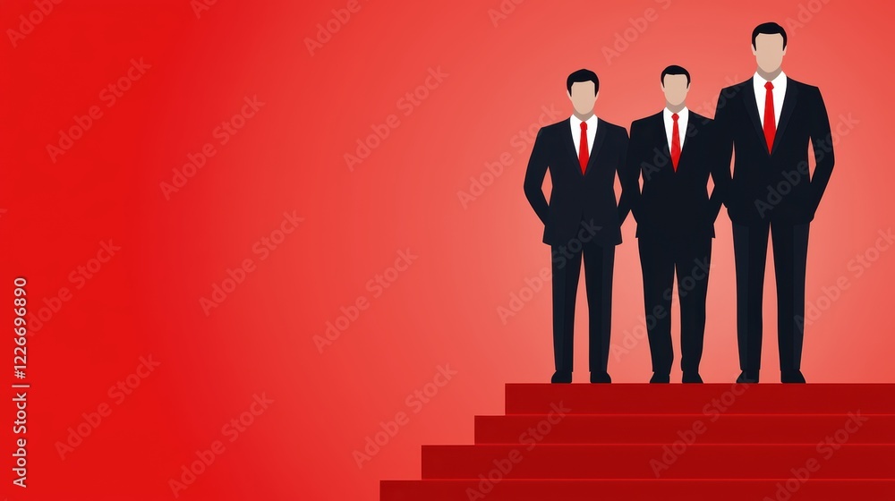 Fototapeta premium Three men on a red stage, captivating scene of performance and presence three