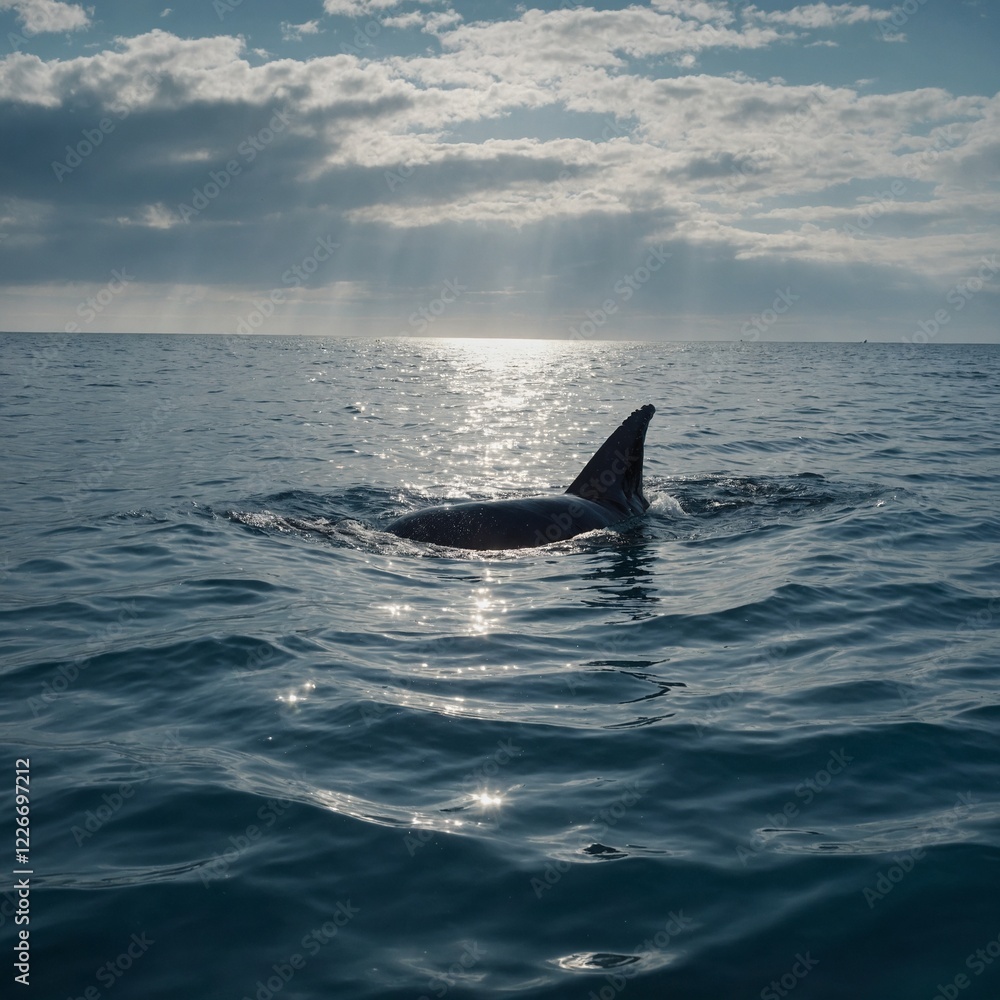 Naklejka premium A panoramic shot of a whale swimming through an endless sea.