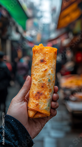 hand holds a goldenbrown Jianbing a popular Chinese street food The crispy crepelike wrap is filled with savory ingredients A bustling street market forms a blurry background photo