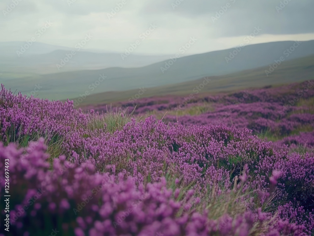 Naklejka premium A vibrant expanse of purple heather blooms across the hilly landscape under a cloudy sky