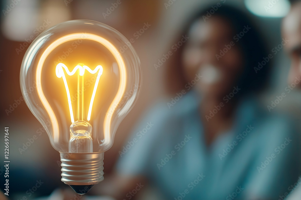 A glowing lightbulb symbolizes innovation and creativity, with people blurred in the background, suggesting collaboration and brainstorming. A glowing lightbulb symbolizes innovation and creativity, with people blurred in the background, suggesting collaboration and brainstorming.