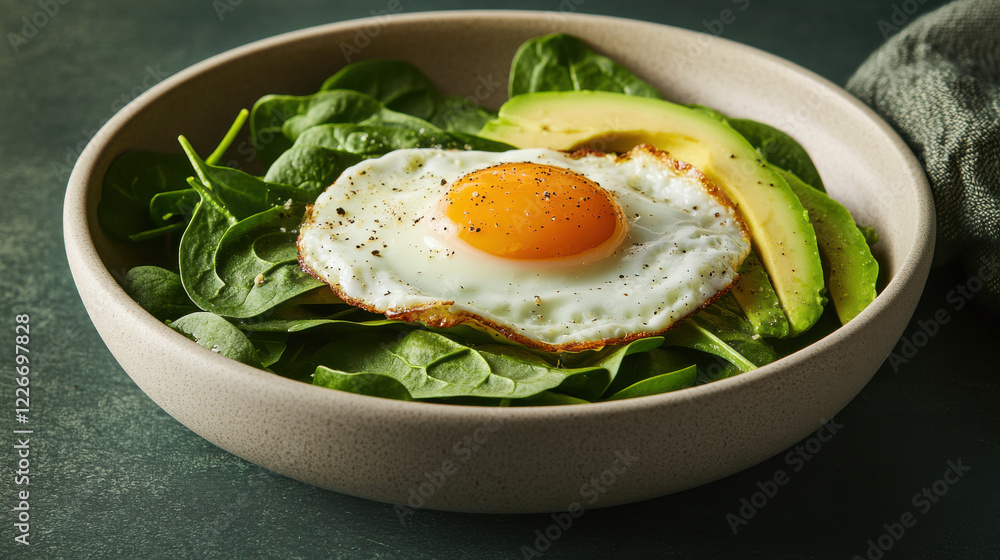 A dramatic close-up of a sunny-side-up egg with glossy, rich yolk atop fresh spinach and avocado slices, delicately presented in a matte beige bowl A dramatic close-up of a sunny-side-up egg with glossy, rich yolk atop fresh spinach and avocado slices, delicately presented in a matte beige bowl