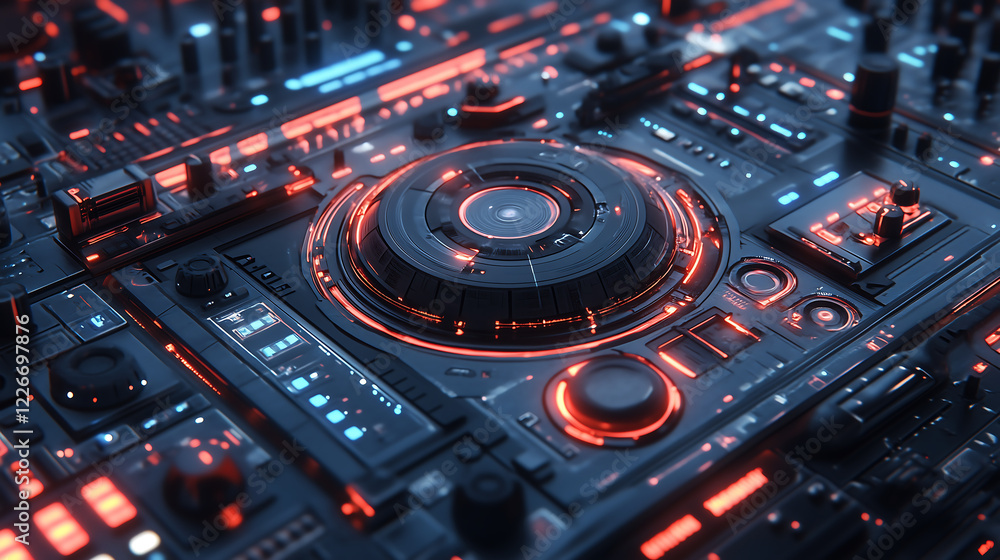 A futuristic digital 3D music player interface featuring a holographic display, set against an advanced and immersive background of dynamic music-inspired visuals. A futuristic digital 3D music player interface featuring a holographic display, set against an advanced and immersive background of dynamic music-inspired visuals.