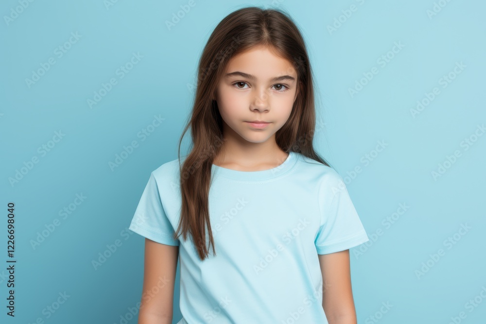 A young girl is wearing a blue shirt and looking at the camera A young girl is wearing a blue shirt and looking at the camera