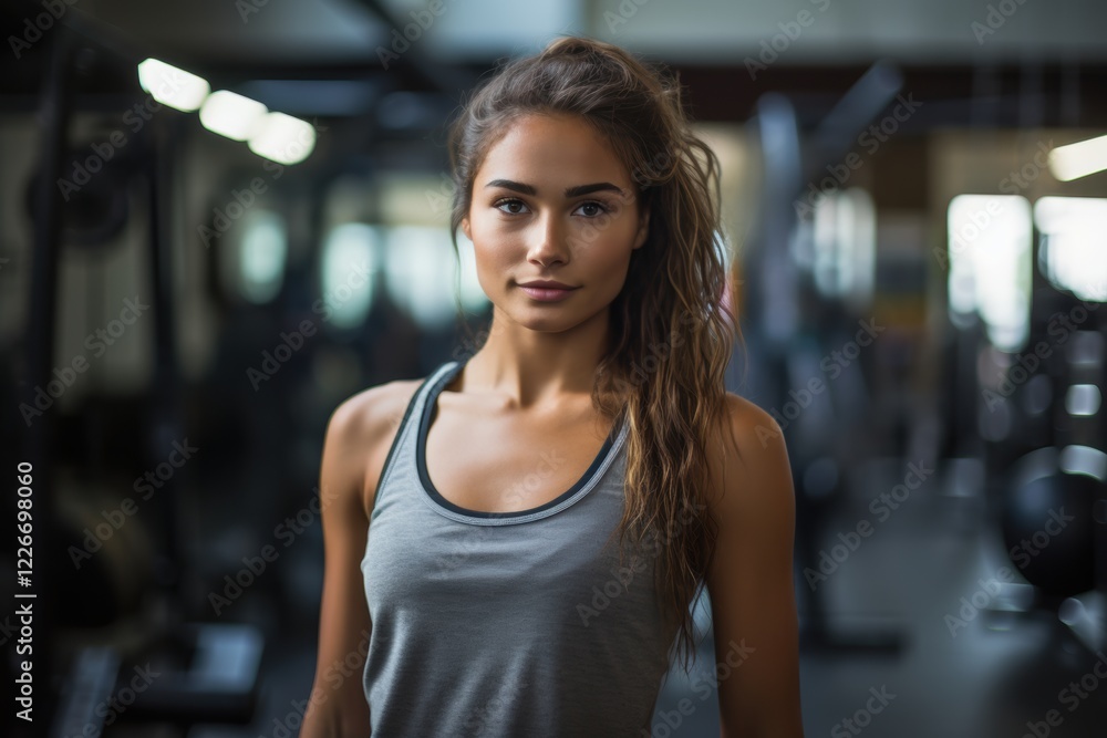 A woman is posing for a picture in a gym A woman is posing for a picture in a gym