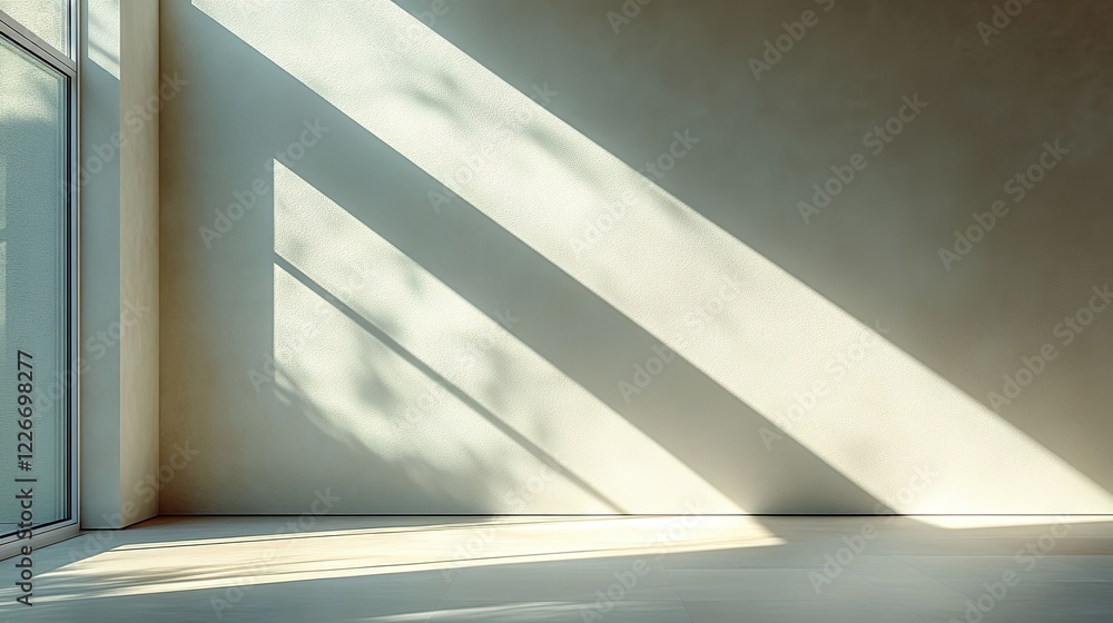 Obraz premium Abstract diagonal window shadows and light on beige wall, trendy natural light background with copy space for text overlay.