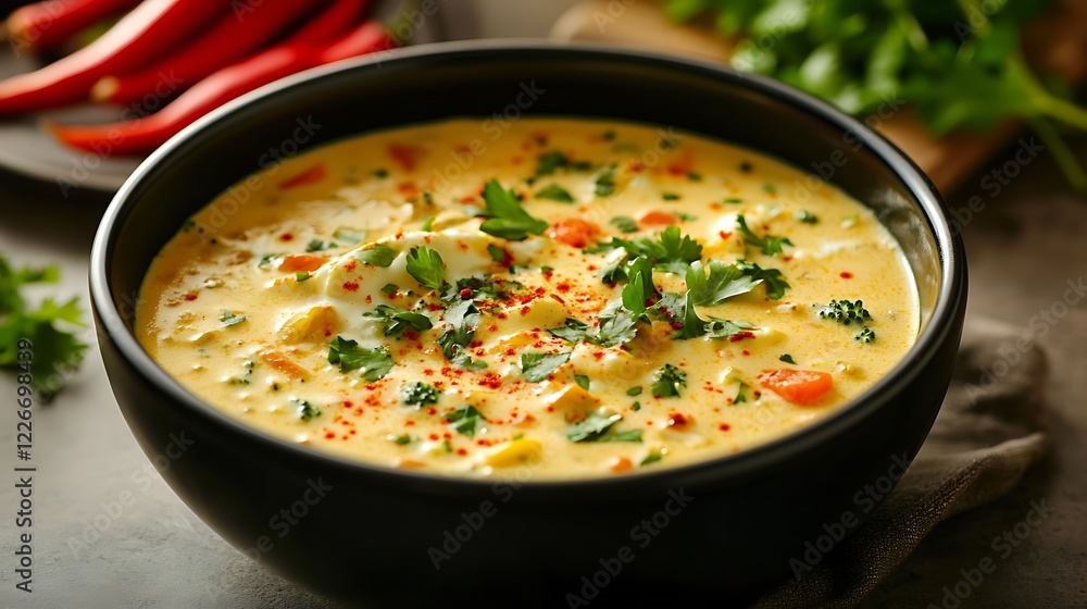 A bowl of luscious soup with broccoli topped with dairy products and peppers A bowl of luscious soup with broccoli topped with dairy products and peppers