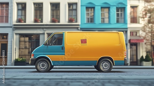 A brightly colored the vehicle with a parcel service symbol is empty