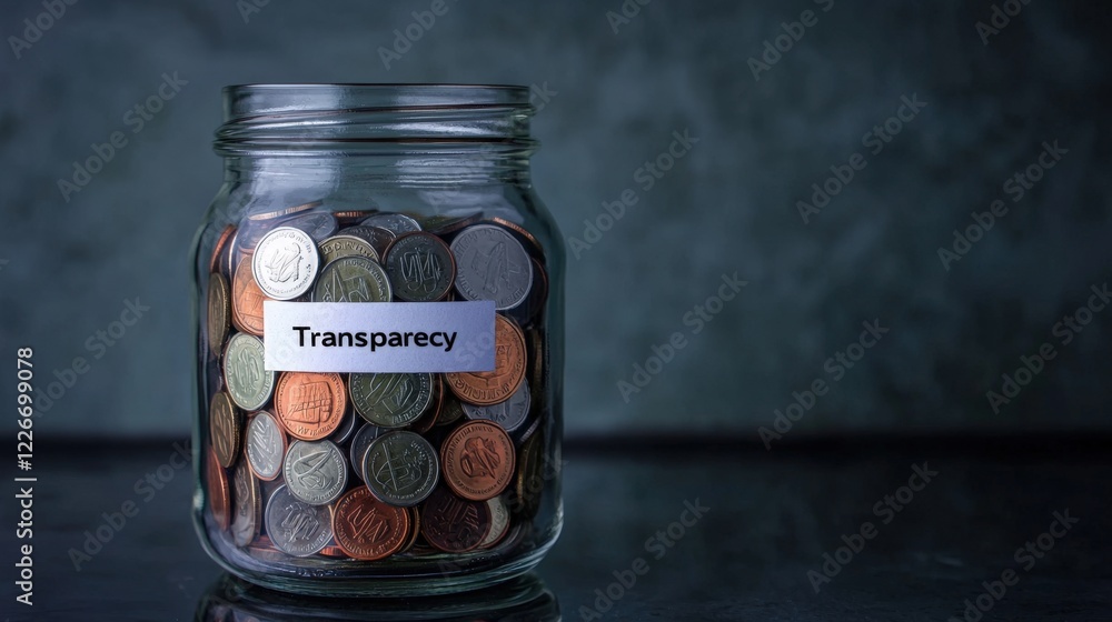 Trust confidence and transparency, A glass jar filled with coins labeled Trust confidence and transparency, A glass jar filled with coins labeled