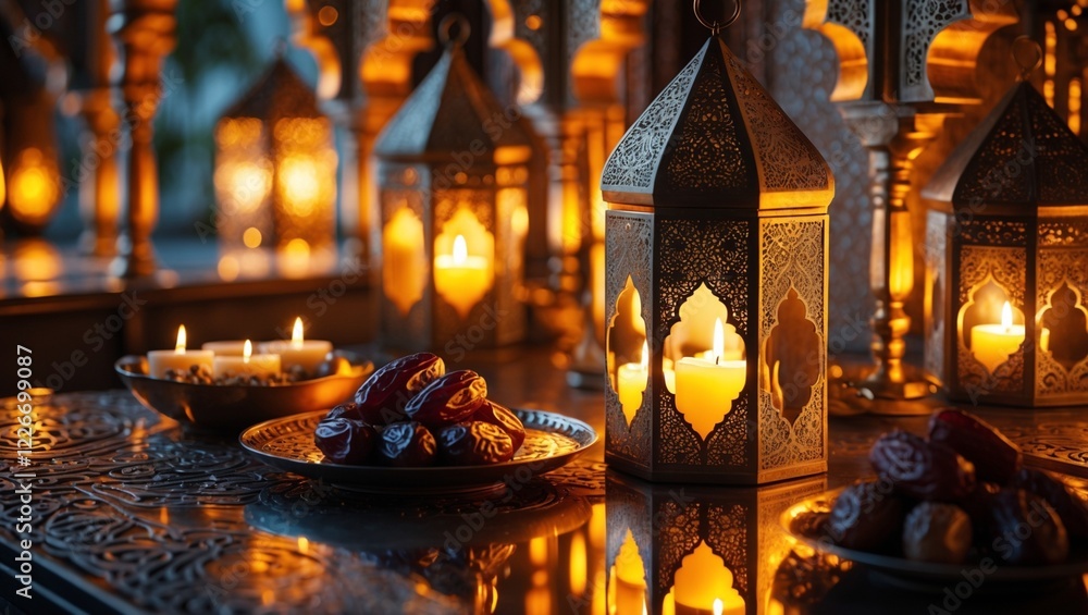 Ramadan Kareem with Arabic Lantern, Dates ,Dry Fruits, Islamic warm background. Ramadan Kareem with Arabic Lantern, Dates ,Dry Fruits, Islamic warm background.