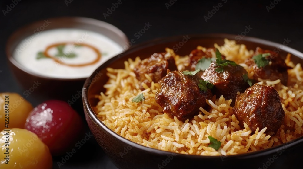 A delicious biryani with meatballs cooked in a rich spicy sauce, garnished with herbs and served with creamy raita. Perfect for those who enjoy hearty Indian meals. A delicious biryani with meatballs cooked in a rich spicy sauce, garnished with herbs and served with creamy raita. Perfect for those who enjoy hearty Indian meals.