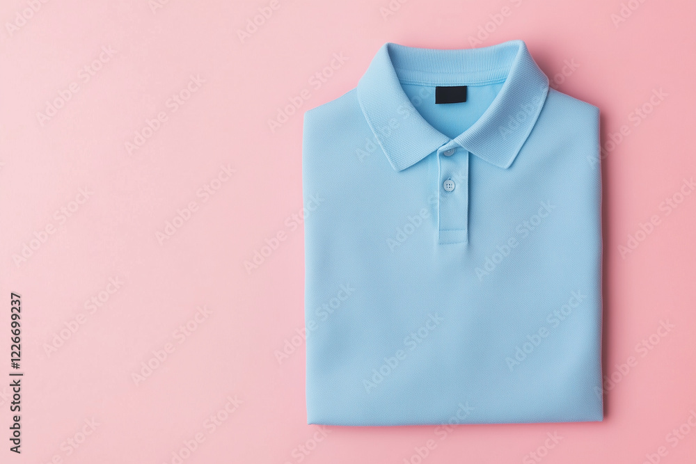 Light blue polo shirt folded neatly on pink background, showcasing its smooth fabric and classic design. Light blue polo shirt folded neatly on pink background, showcasing its smooth fabric and classic design.