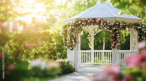 Schilderij op canvas Beautiful White Garden Gazebo Decorated with Pink Roses Summer Romance Park Love