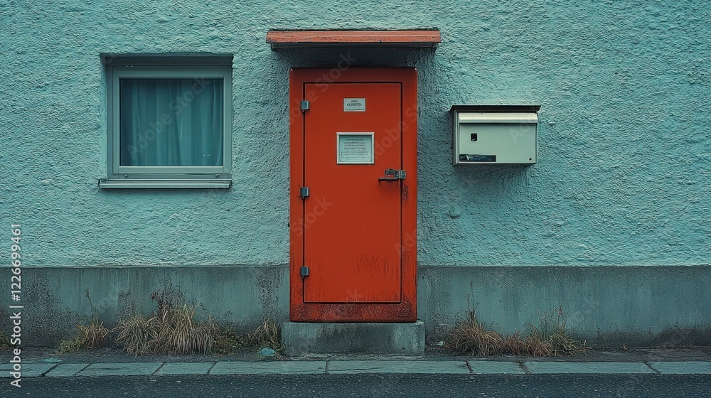 Red door, mailbox, window, building exterior, overcast Red door, mailbox, window, building exterior, overcast