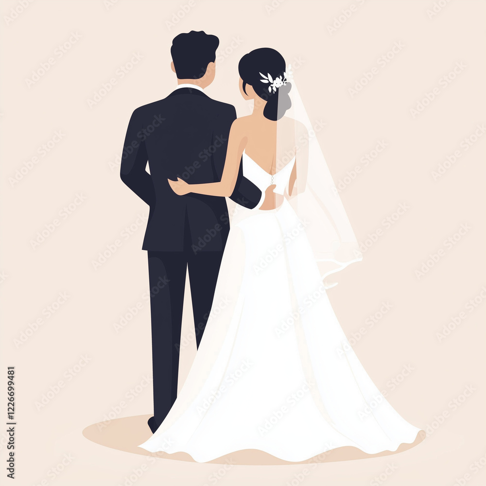 Rear view of beautiful bride looking to the sea. Illustration. Generative ai Rear view of beautiful bride looking to the sea. Illustration. Generative ai