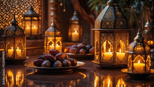 Ramadan Kareem with Arabic Lantern, Dates ,Dry Fruits, Islamic warm background.