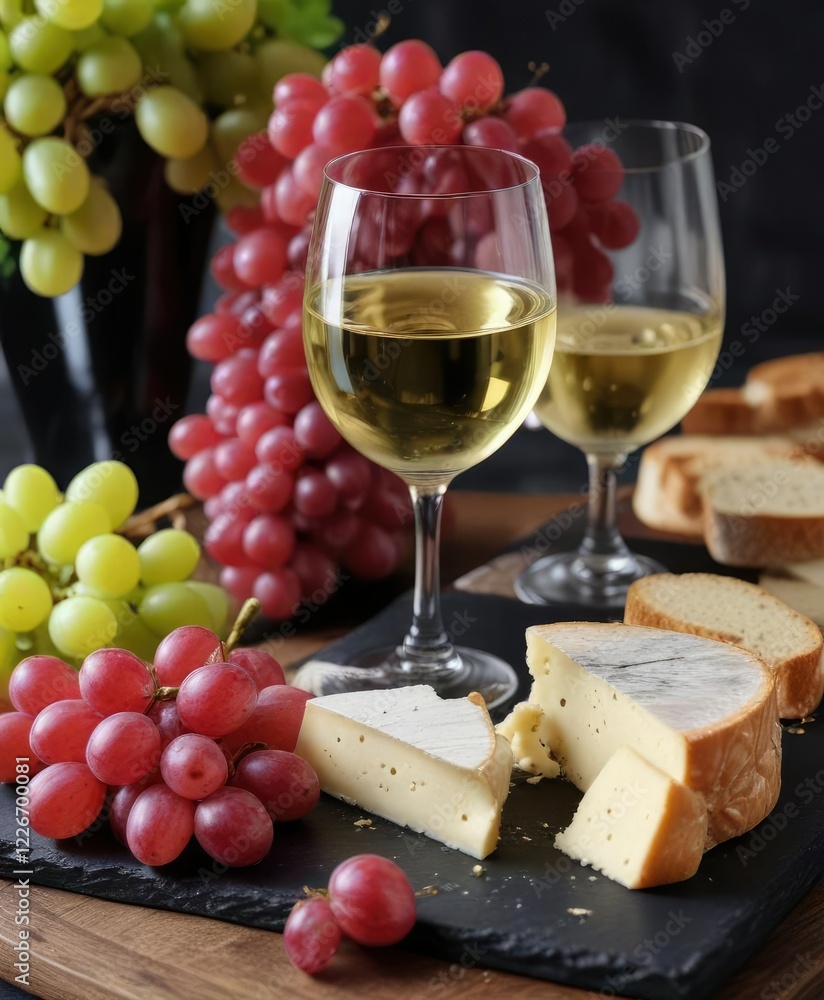 Glass of white wine placed elegantly next to group of large pink grapes alongside wheel of Brie cheese and block of Parmesan cheese on a black tray, grape clusters, elegant food presentation Glass of white wine placed elegantly next to group of large pink grapes alongside wheel of Brie cheese and block of Parmesan cheese on a black tray, grape clusters, elegant food presentation