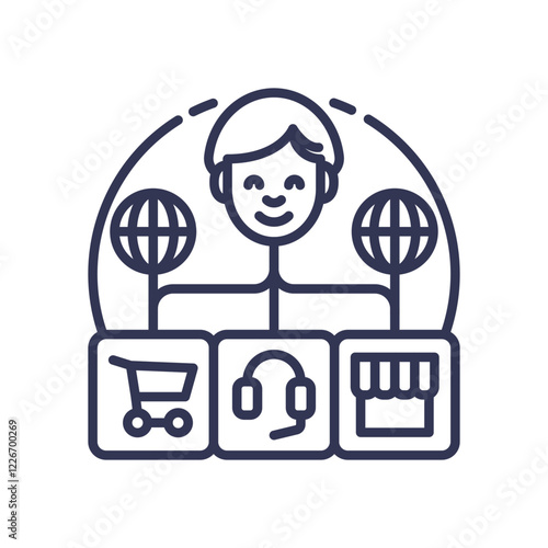 Illustration of personalized AI engagement with user, shopping cart, headset, and store icons.