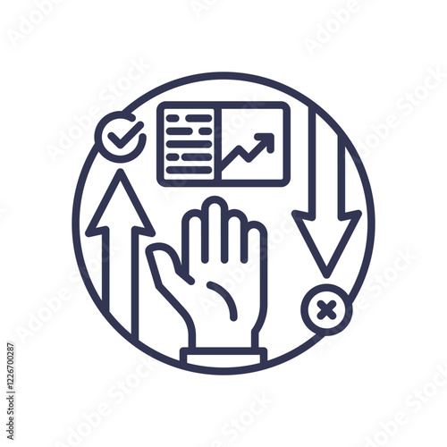 Hand with arrows and data chart symbolizes decision-making and optimization.