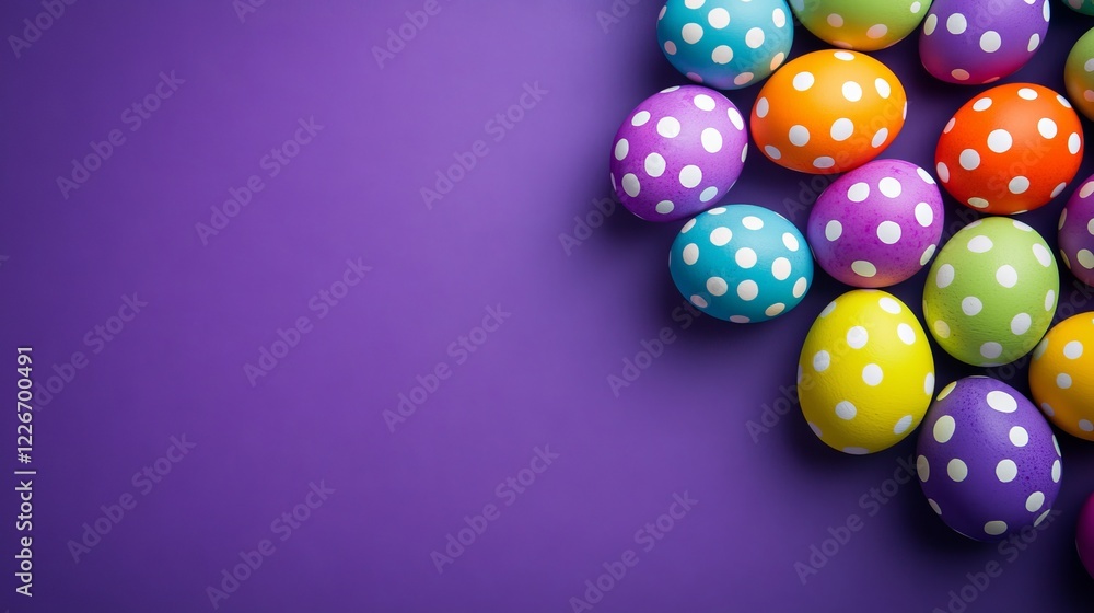 Colorful polka-dot easter eggs on a pastel purple background with copy space Colorful polka-dot easter eggs on a pastel purple background with copy space