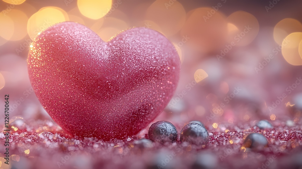 Fototapeta premium Abstract glittery pink Valentine's Day background with a cute 3D heart, golden lights, bokeh, and silver confetti.