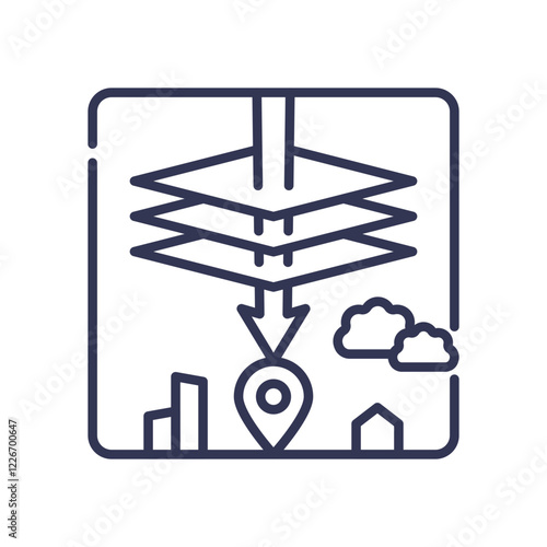 Layers and location pin symbolize data integration and geospatial analysis.