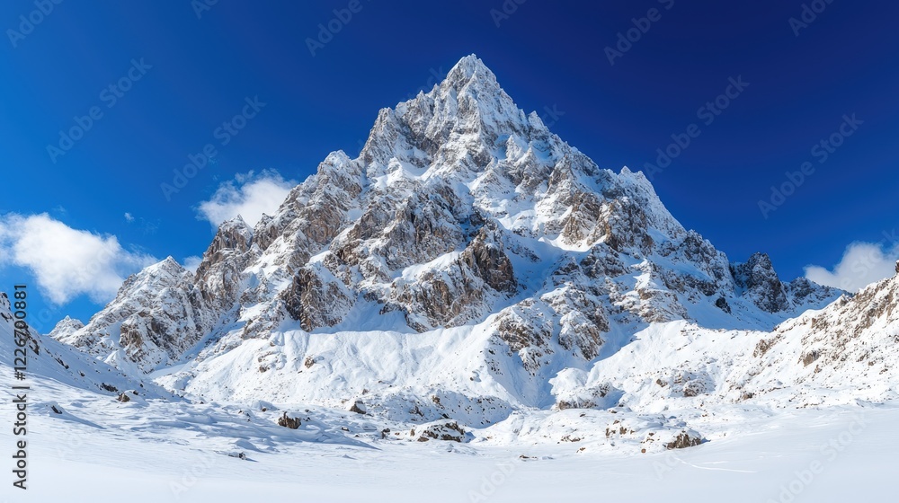Obraz premium Majestic snow-covered mountain peak rises into a clear blue sky during a bright sunny day.