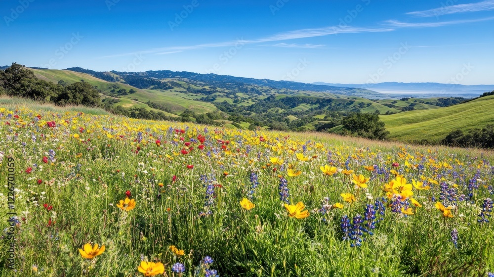 Vibrant wildflower meadow with rolling hills and blue skies. Vibrant wildflower meadow with rolling hills and blue skies.