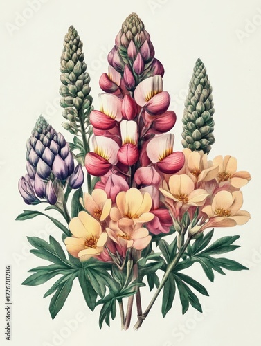 A painting of a bouquet of flowers with a pink and yellow flower in the middle. The flowers are arranged in a way that makes them look like they are growing out of the ground photo