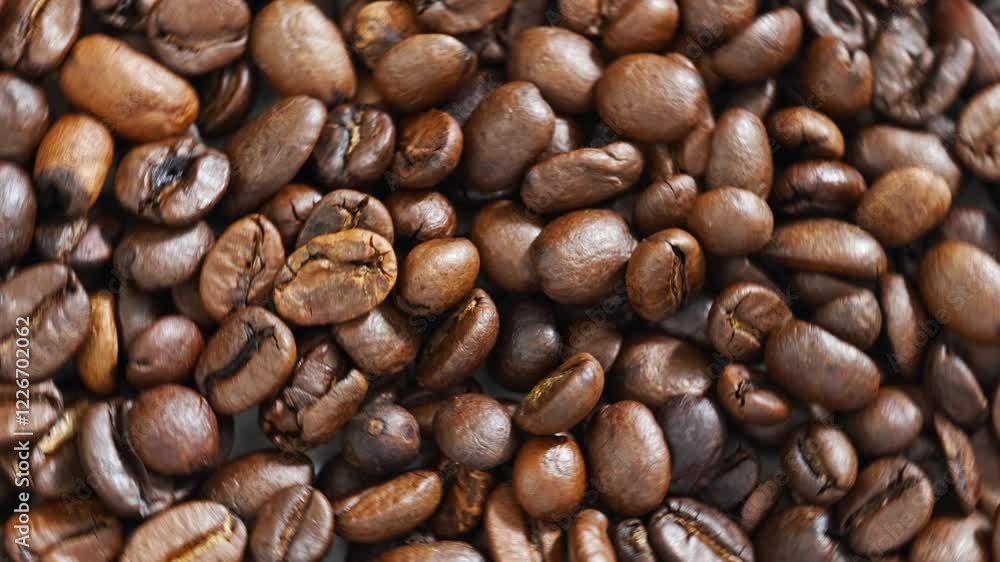 rotating roasted beans of natural coffee. raw materials for coffee shops, coffee machines. rotating roasted beans of natural coffee. raw materials for coffee shops, coffee machines.